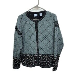 Frost Women Wool Blend Cardigan Fair Isle Button Front L Vintage Sweater Teal